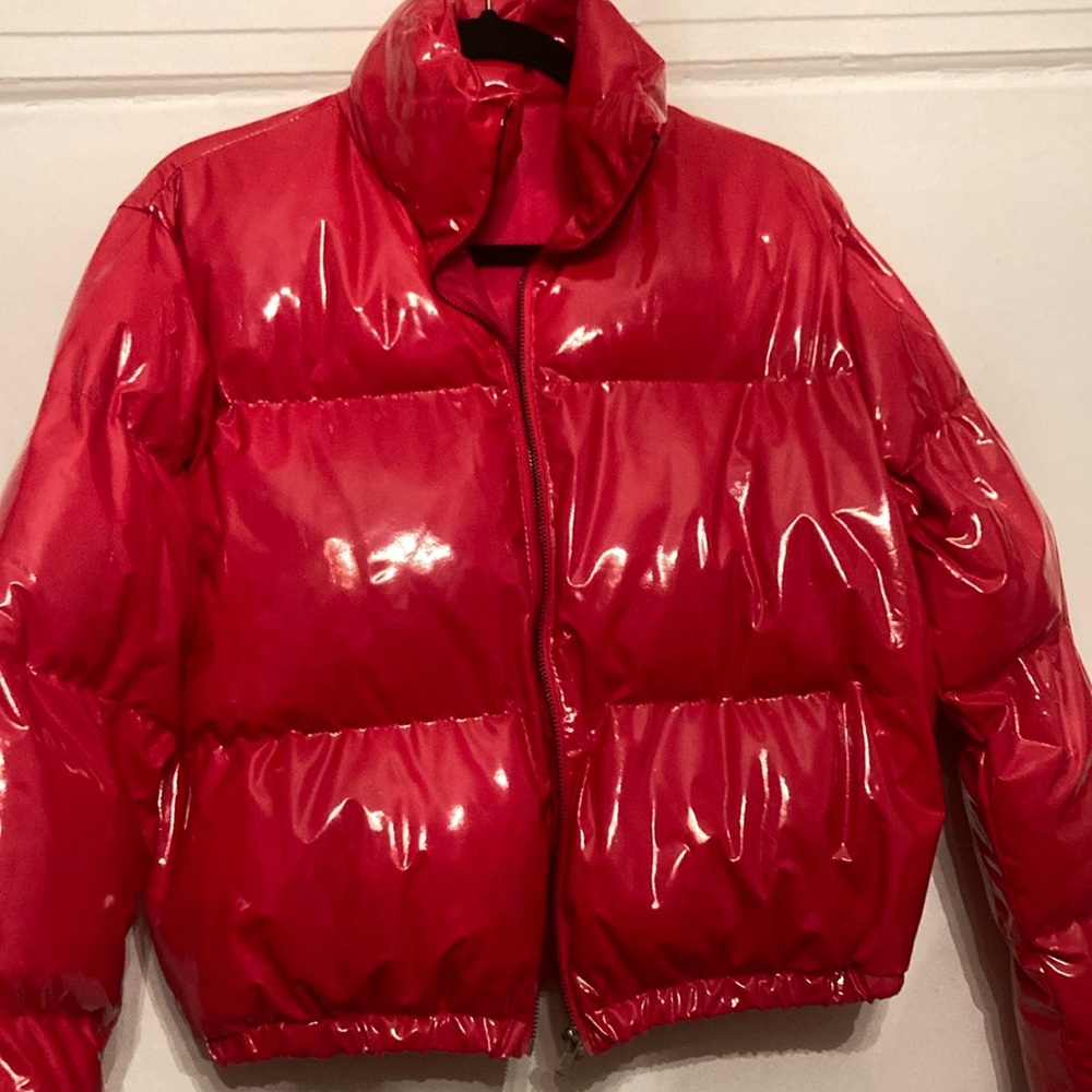 Red patent shiny red puffer jacket